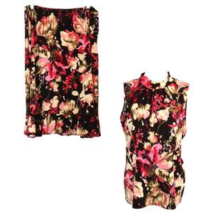 KC Stevens Vintage 90s Y2K Brown Pink Floral Skirt Set 2Piece Mock Neck Plus 2X